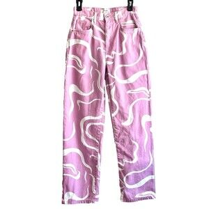 COTTON:ON Loose Straight Fit Pink White Swirl Print Jeans